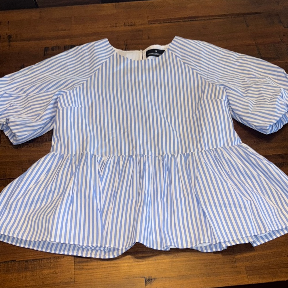 Pomander Place Blue and White Striped Peplum Blouse